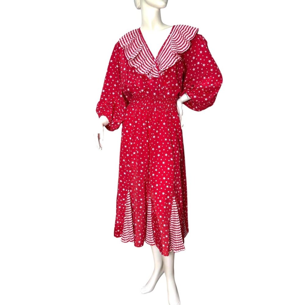 1980s dress with star print pleated striped collar by Susan Tudor Size M